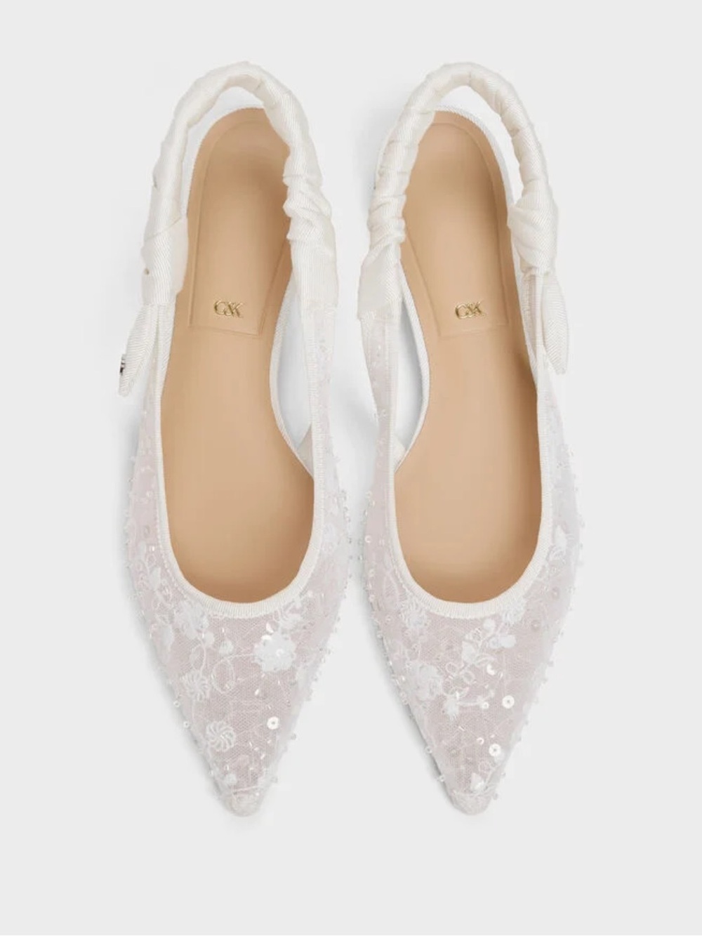 Charles & Keith White Floral Lace Pointed Slingback Flats
